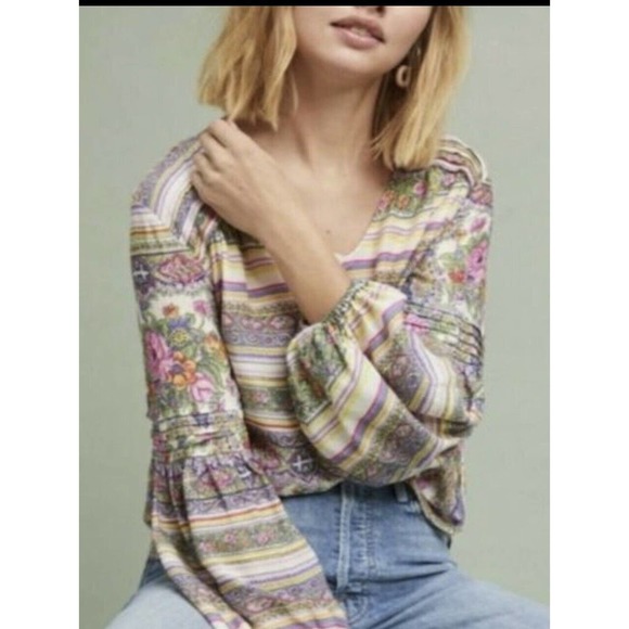 Anthropologie Maeve •S• Floral Print Ceresco Peasant Top Blouse BOHO Shirt Puff - Picture 3 of 12